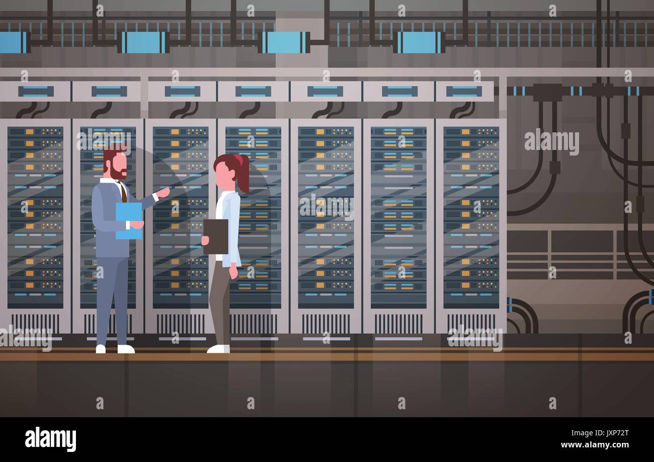 Le persone che lavorano nel centro dati sala server di hosting computer di monitoraggio del database di informazioni Illustrazione Vettoriale
