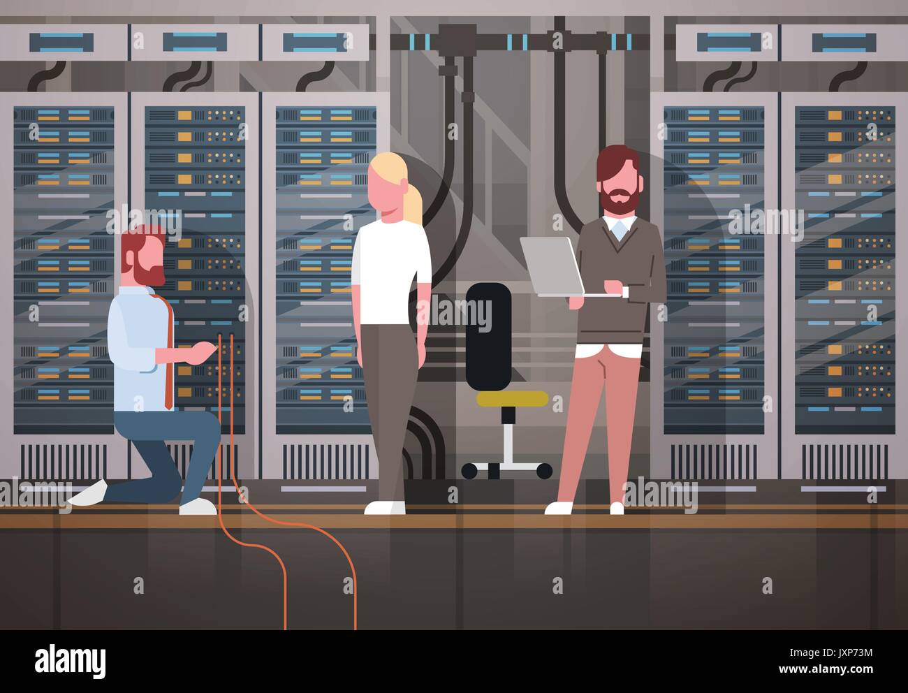 Le persone che lavorano nel centro dati sala server di hosting computer di monitoraggio del database di informazioni Illustrazione Vettoriale