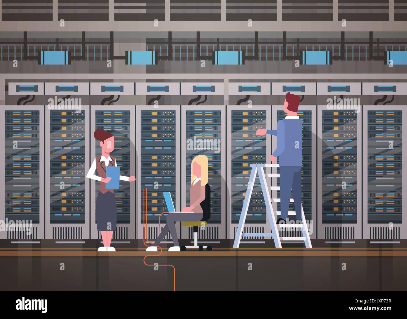 Le persone che lavorano nel centro dati sala server di hosting computer di monitoraggio del database di informazioni Illustrazione Vettoriale