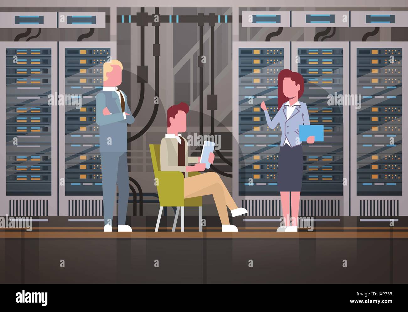 Le persone che lavorano nel centro dati sala server di hosting computer di monitoraggio del database di informazioni Illustrazione Vettoriale