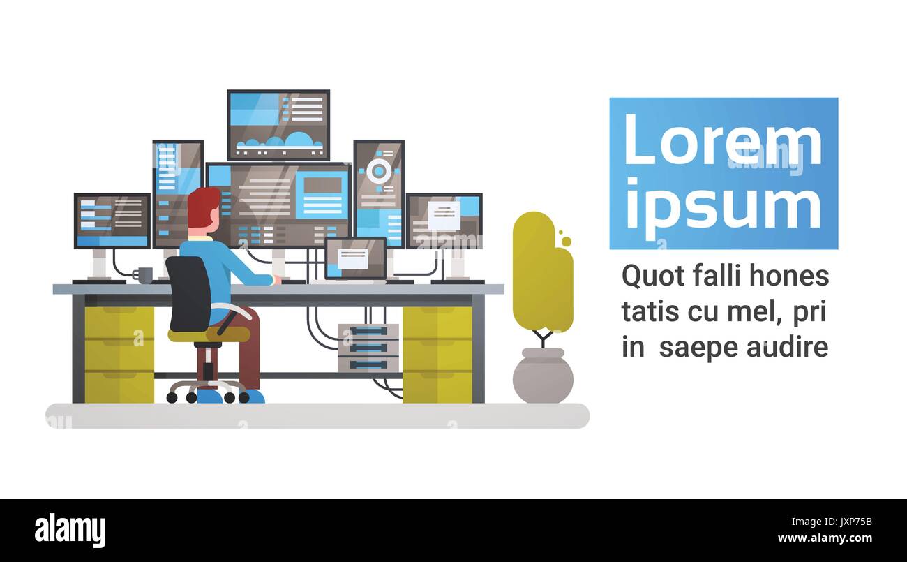 Uomo al lavoro nel centro dati sala server di hosting computer di monitoraggio del database di informazioni Illustrazione Vettoriale