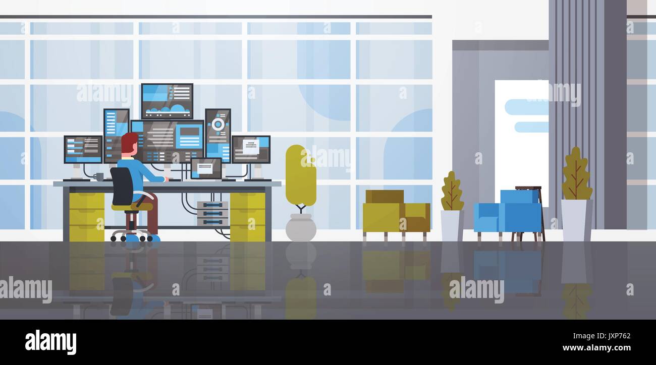 Uomo al lavoro nel centro dati sala server di hosting computer di monitoraggio del database di informazioni Illustrazione Vettoriale