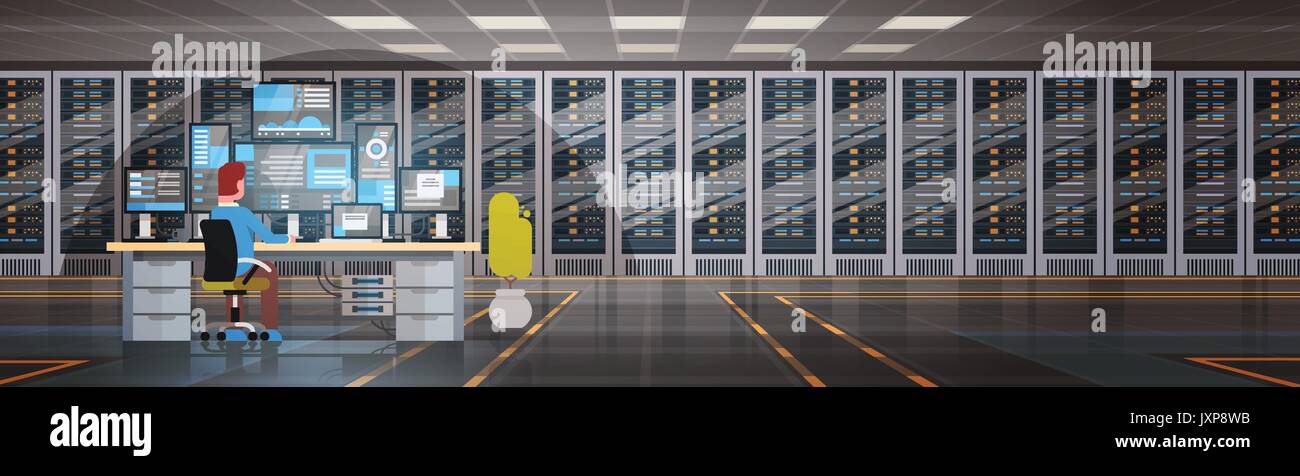 Le persone che lavorano nel centro dati sala server di hosting computer di monitoraggio del database di informazioni Illustrazione Vettoriale