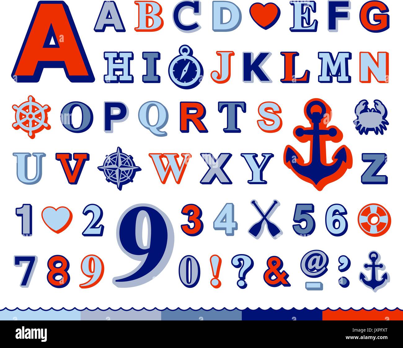 Completare alfabeto marino e il numero impostato nel caso superiore design con il rosso e il blu font e una ruota di navi, ancoraggio, granchio, bussola, Preserver e cuore naut Illustrazione Vettoriale