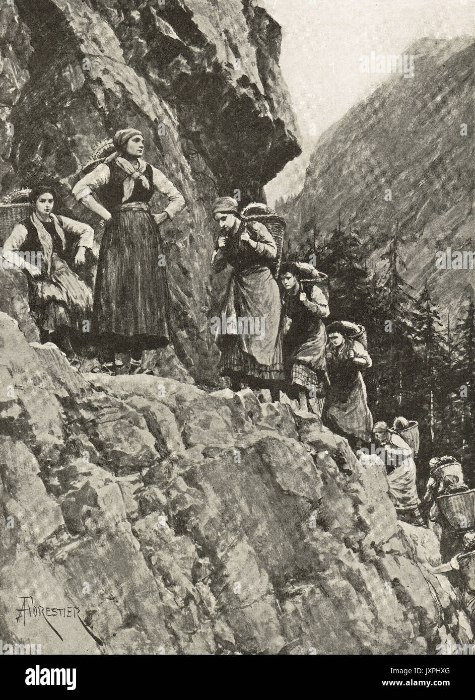 Le donne italiane che trasportano carichi di filo spinato fino montagne, WW1 Foto Stock