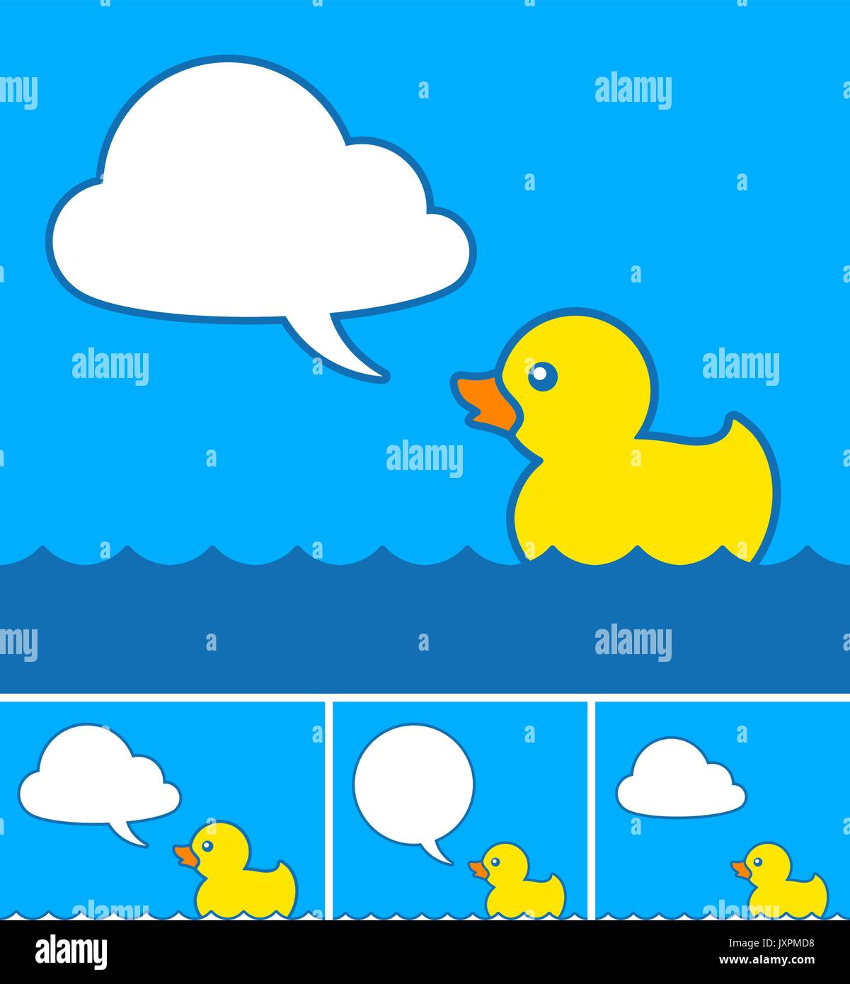 Carino piccolo giallo cartoon rubber duck con il cloud discorso bolla galleggiante sull'acqua blu con quattro diverse varianti, illustrazione vettoriale Illustrazione Vettoriale