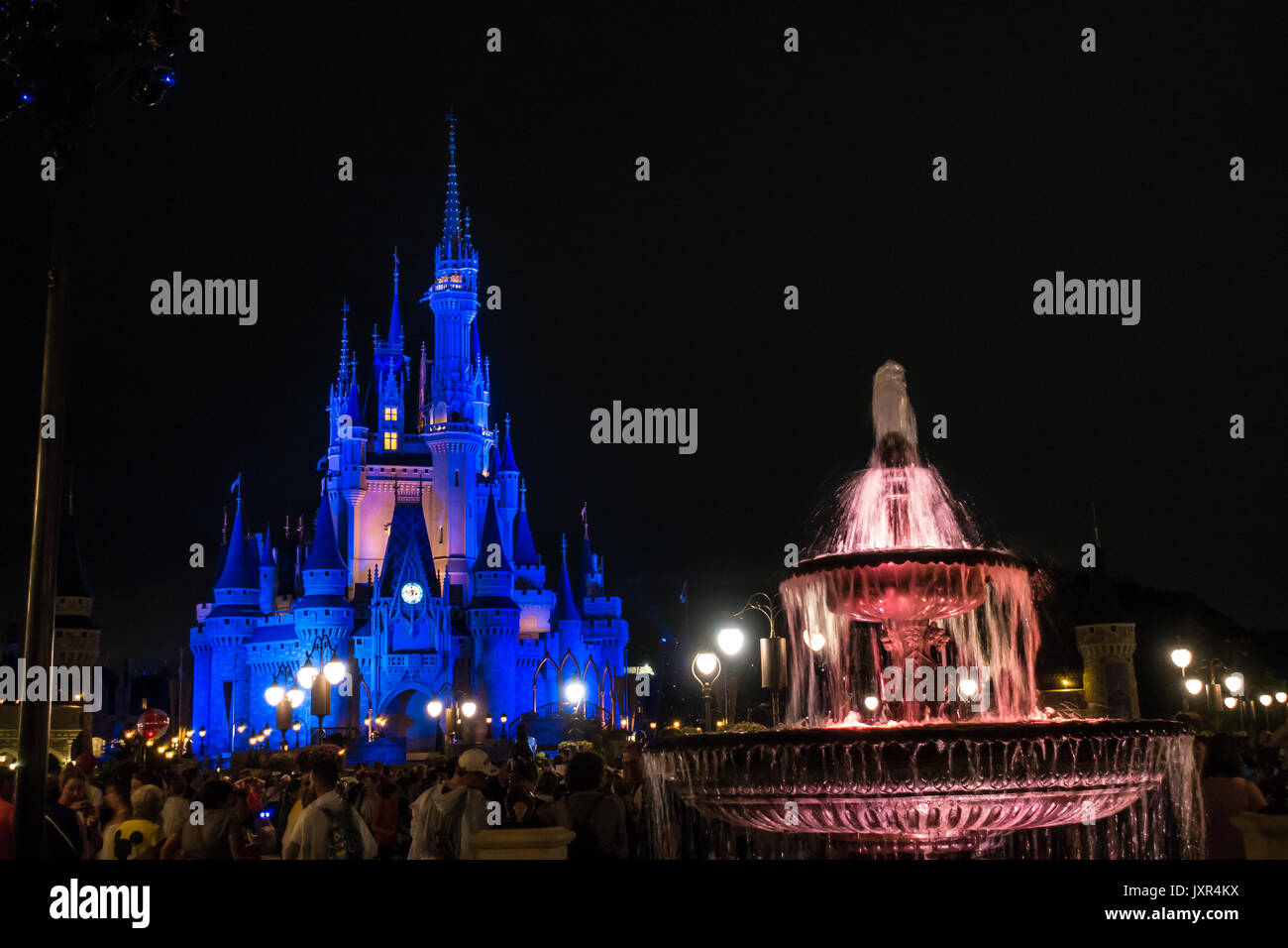 Il Castello di Cenerentola e fontana di notte nel Magic Kingdom, Walt Disney World, a Orlando, Florida. Foto Stock