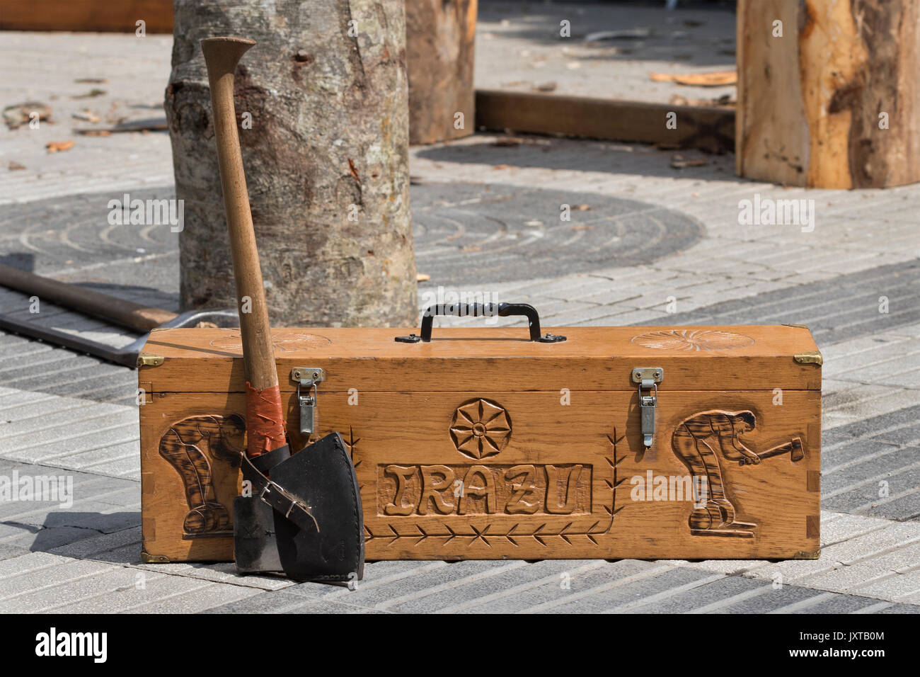 Aizkolari ax in appoggio su una scatola di legno sul terreno. Foto Stock