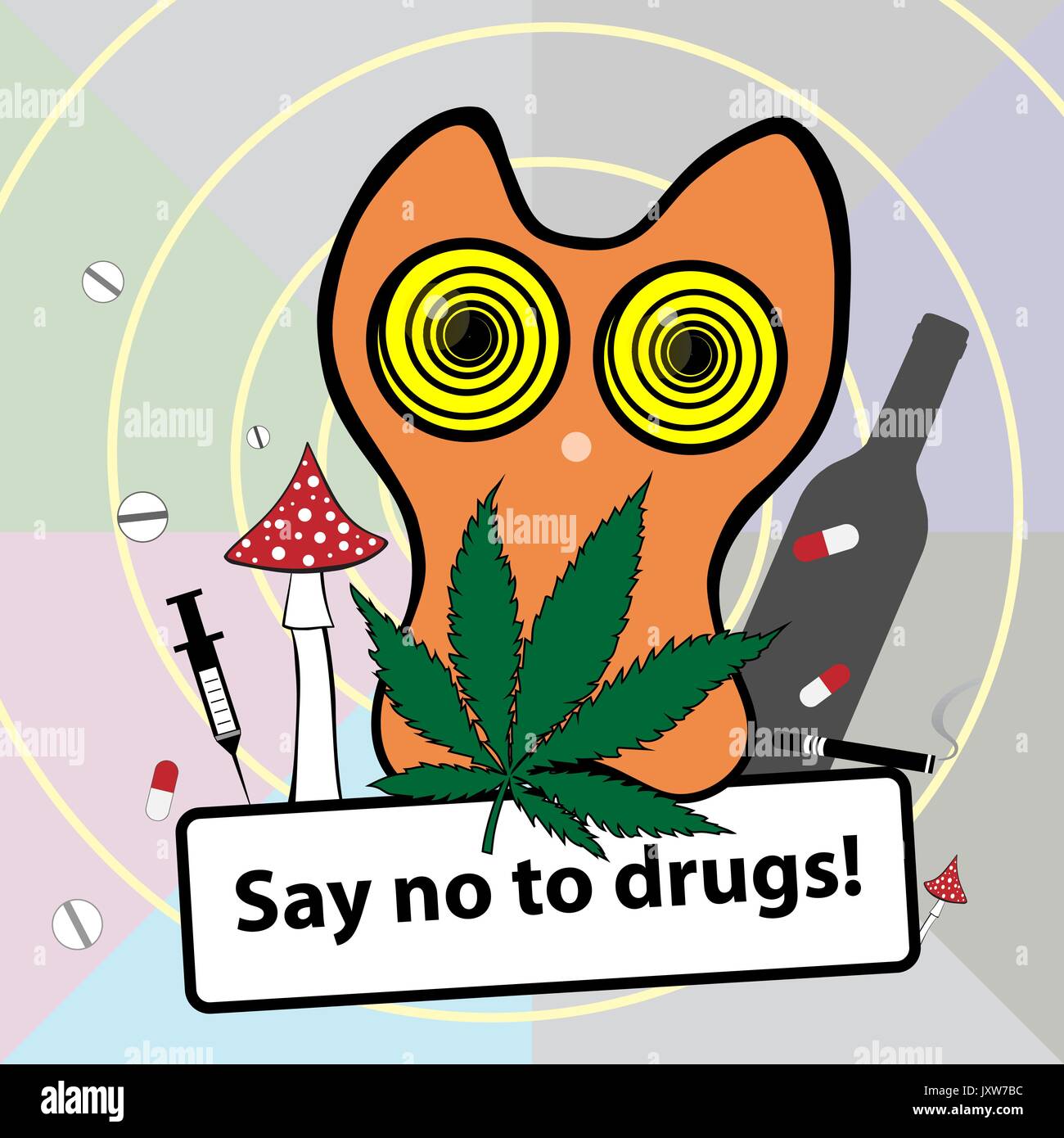 Non fumare poster. Banner sociale sulla dipendenza da narcotici. Cat illustrazione vettoriale. Dire no alla droga. Illustrazione Vettoriale