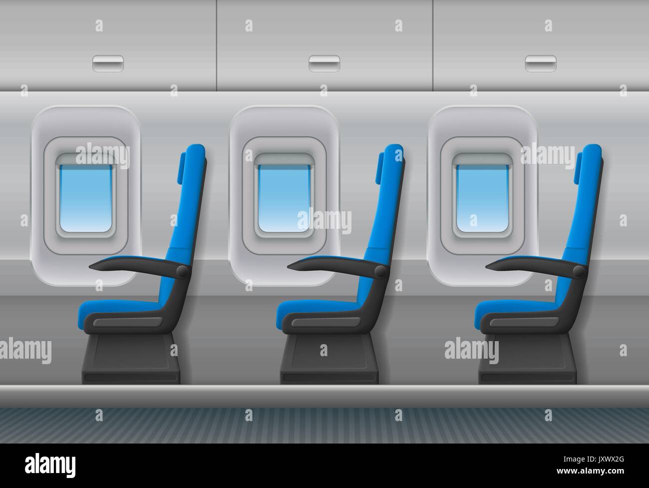 Passeggero vettore aereo interno. Aeromobili in cabina interna con oblò e sedie posti. Illustrazione Vettoriale. Illustrazione Vettoriale
