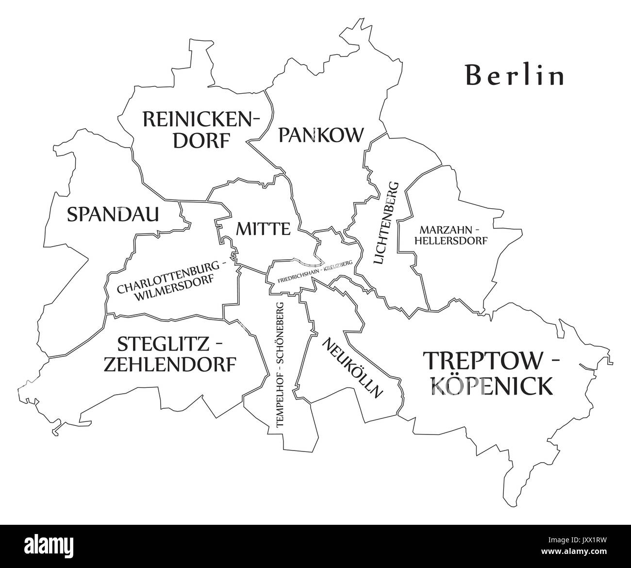 Città moderna mappa - Berlino città della Germania con comuni e titoli DE mappa di contorno Illustrazione Vettoriale