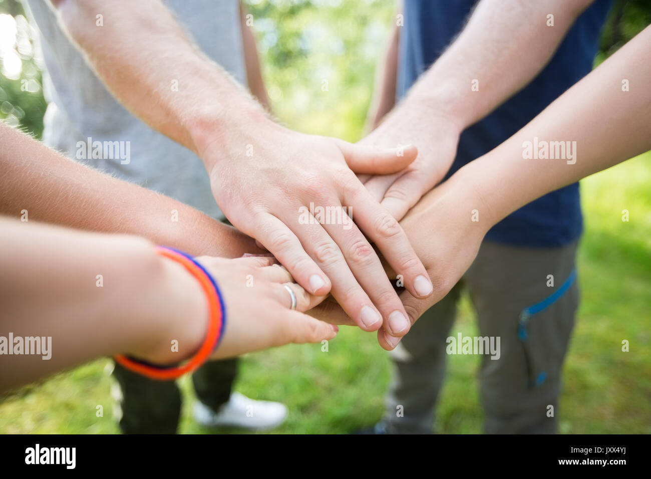 Primo piano di amici Mani di impilamento in foresta Foto Stock