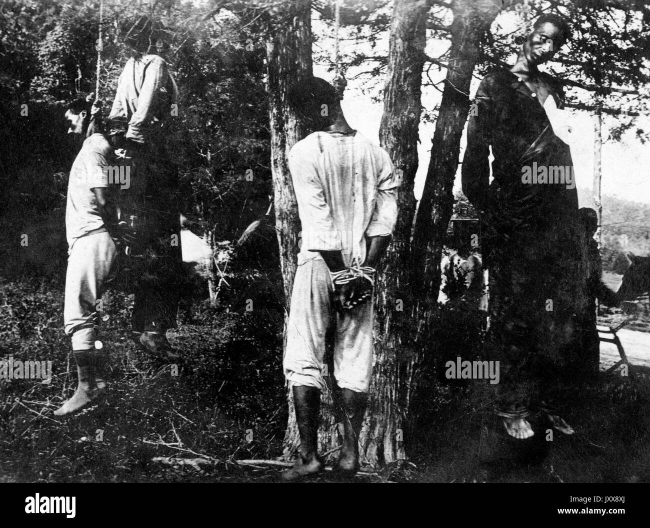 Quattro uomini afro-americani appendono da alberi, le loro mani legate dietro le loro spalle, vittime apparenti di lincioni, 1915. Foto Stock