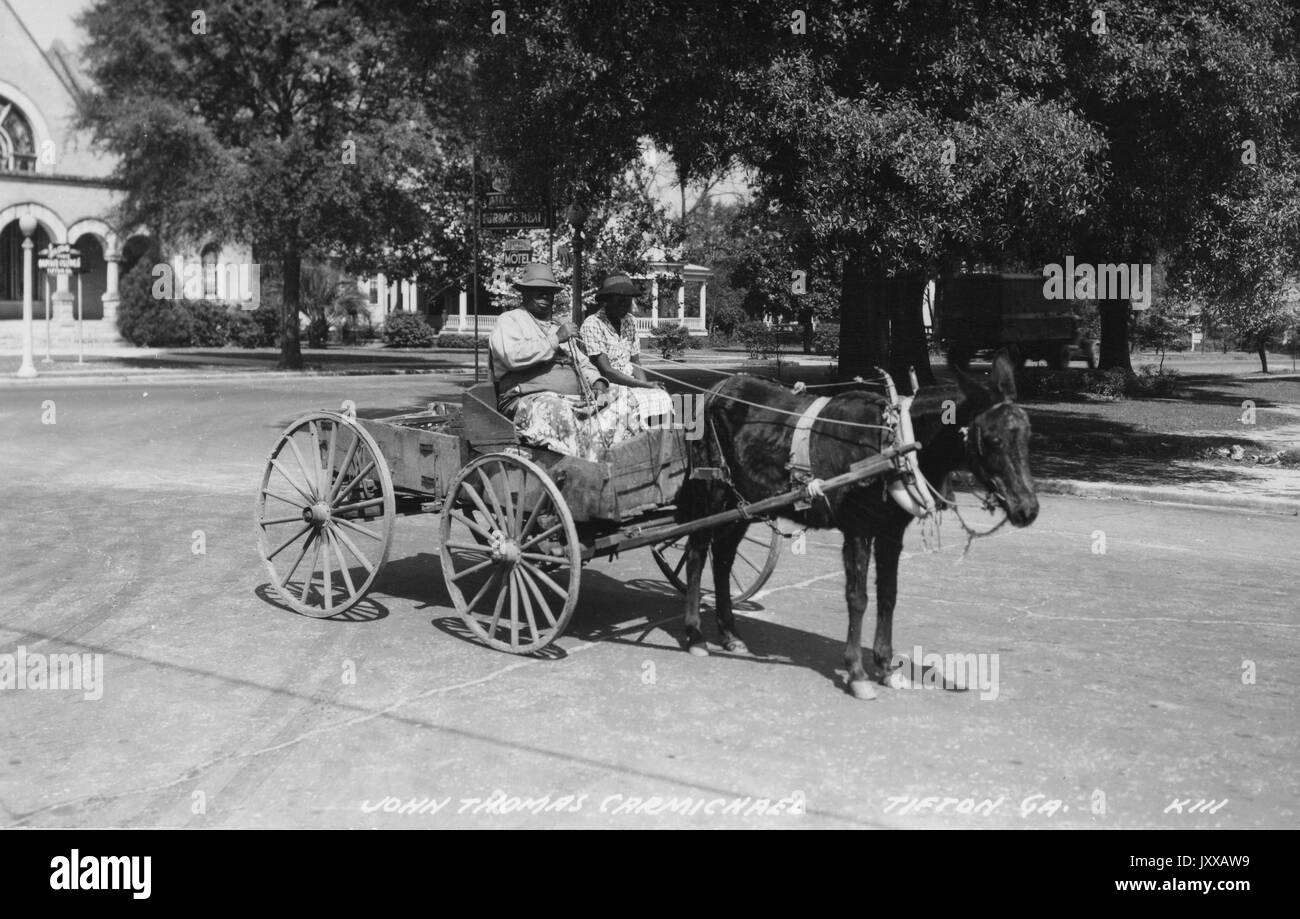 Ritratto seduta a lunghezza intera di due donne afroamericane sedute in carro guidato da cavallo, indossando abiti a motivi leggeri con cappelli, seduti all'esterno davanti all'edificio e gli alberi, espressioni neutre, 1930. Foto Stock