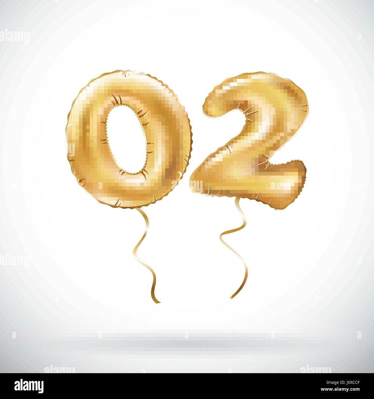 Vettore numero d'oro 02 zero due palloncino metallizzato. Parte della decorazione palloncini d'oro. Anniversario segno per vacanze felici, celebrazione, compleanno, carniv Illustrazione Vettoriale