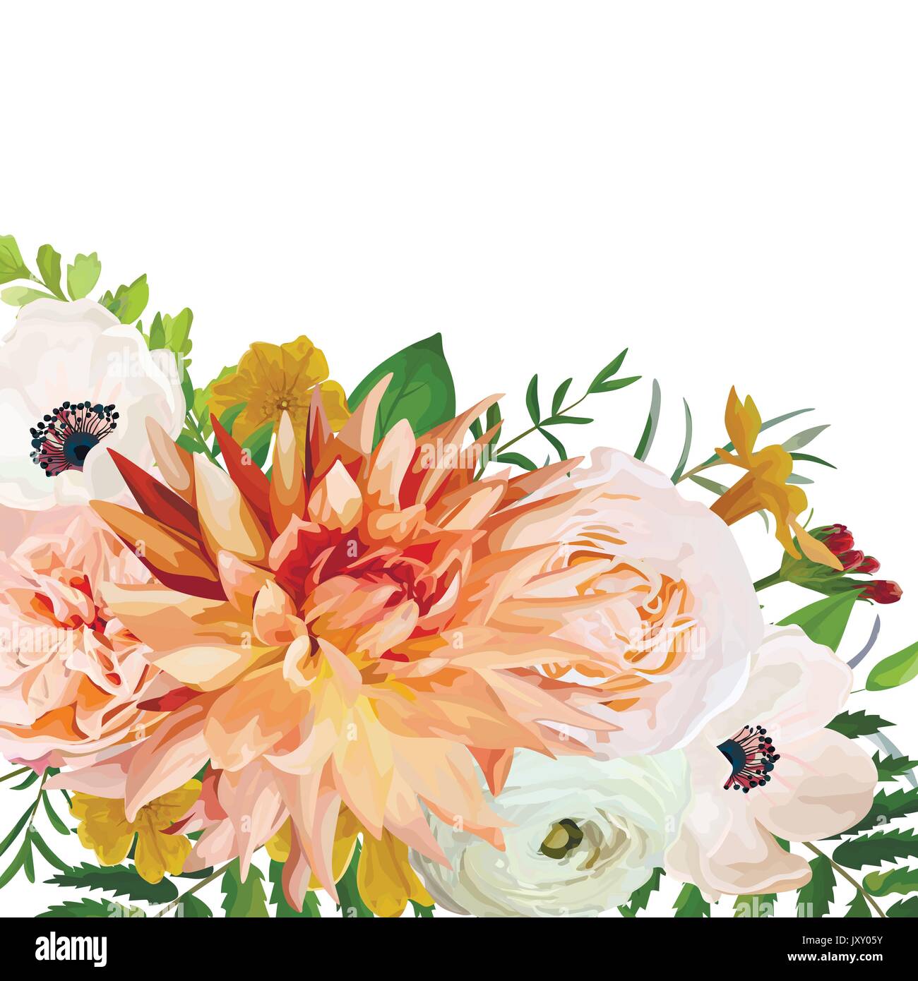 Fiore di vettore scheda quadrato design. Anemone Rosa Rose Garden Primrose arancio fiori Dahlia foresta verde felce foglie mix di piante. Saluto elegante Illustrazione Vettoriale