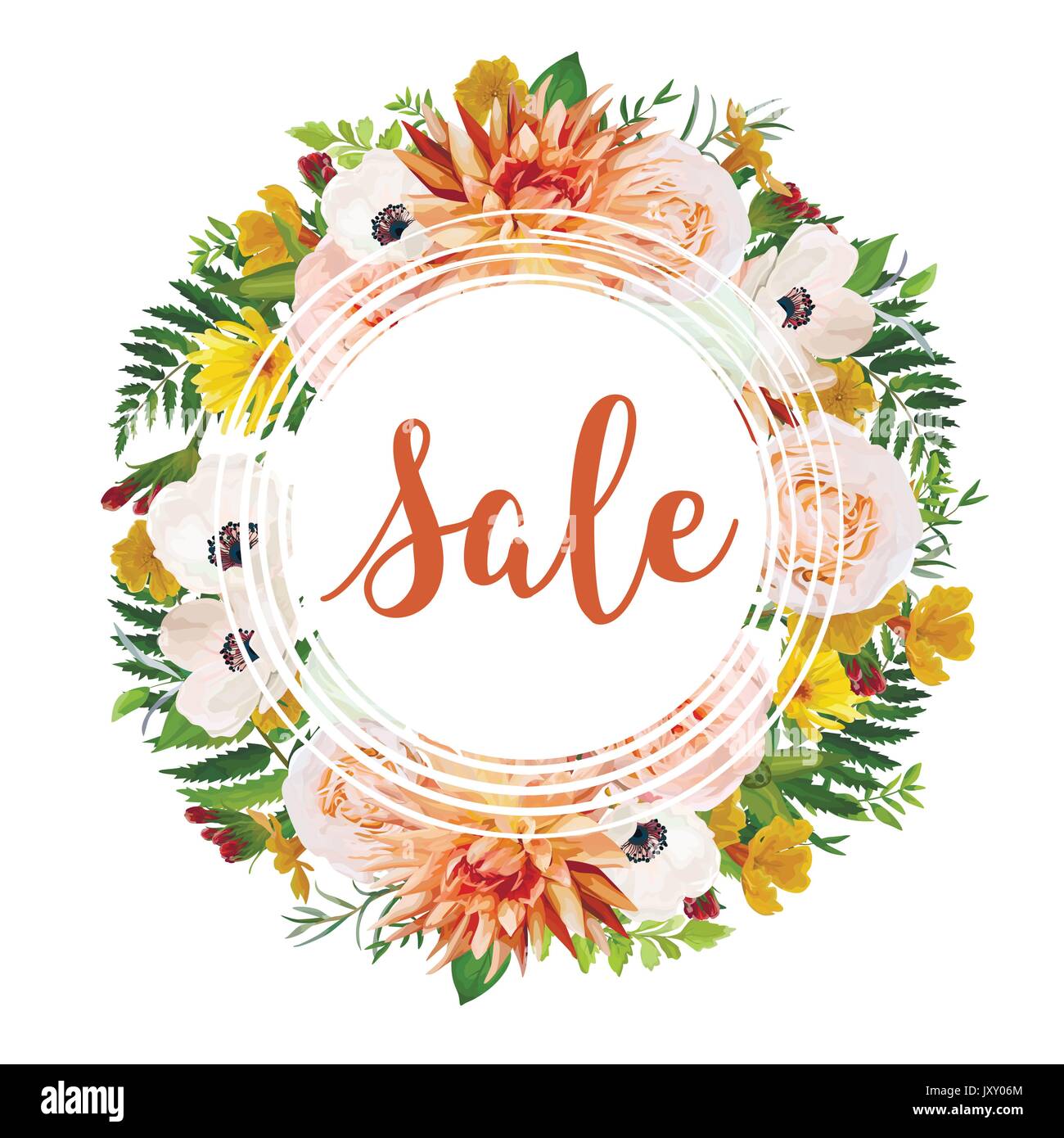 Estate vettore di vendita banner, poster ghirlanda di sfondo con il colore rosa giardino Dahlia rose fiori di calendula anemone verde mix di erbe. Elegante immagine TEM Illustrazione Vettoriale