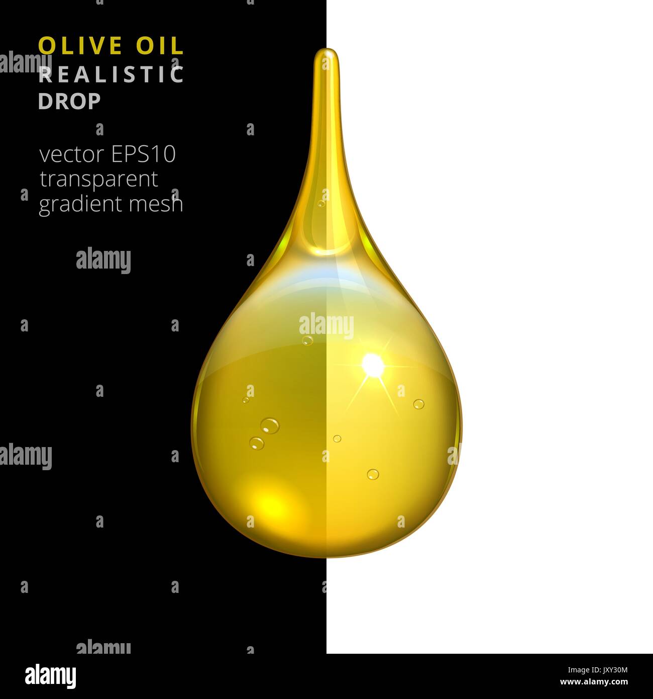 Golden goccia di olio d'oliva. Vettore 3D realistici di gocciolina trasparente liquido viscoso come un vegetale naturale, olio lubrificante minerale, giallo biocarburante. Illustrazione Vettoriale