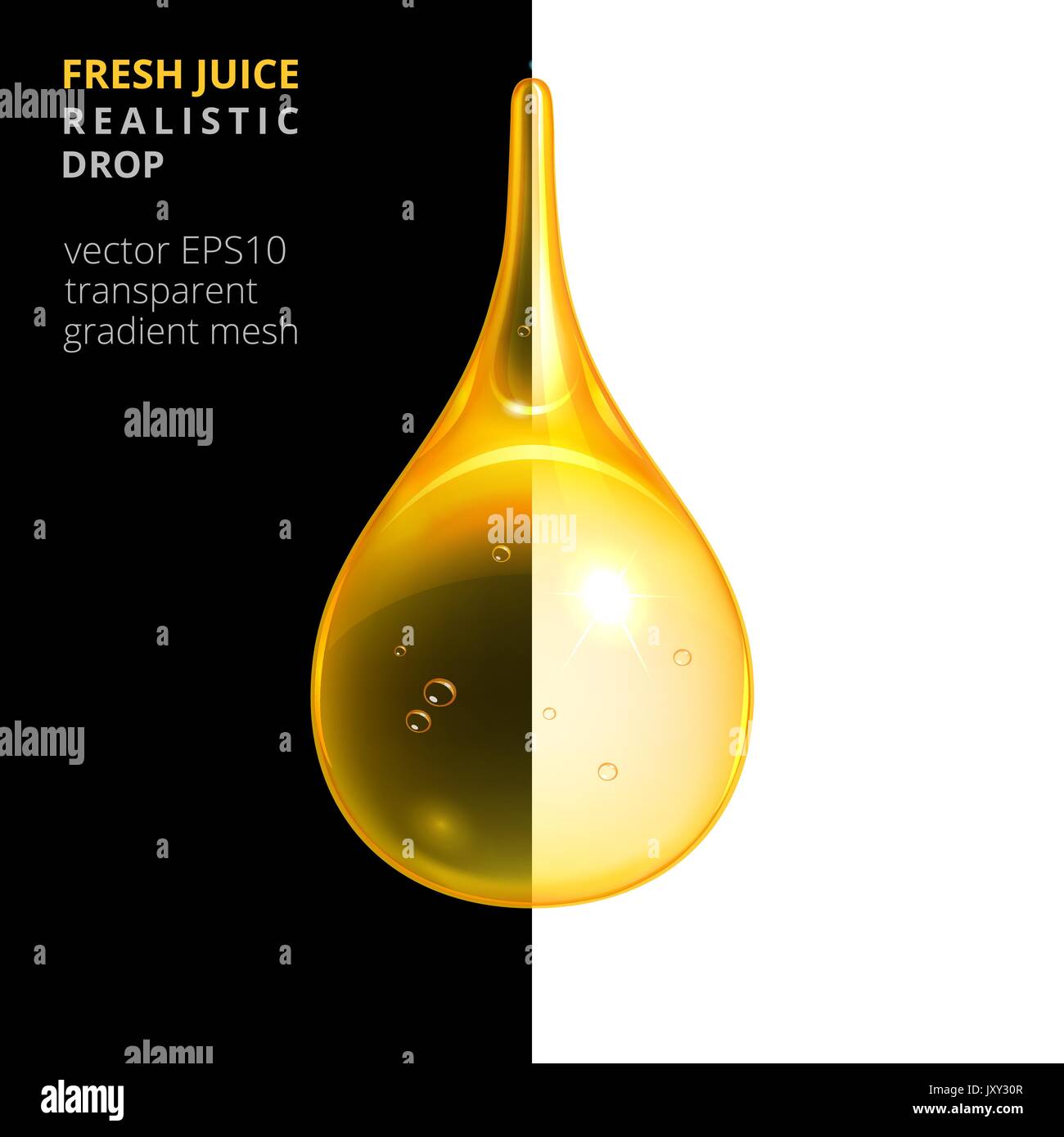 Trasparente di succo fresco goccia. Vettore 3d realistiche gocciolina di un naturale bevanda dorata. Sgocciolare colorato di giallo e arancione. Nero e sfondo bianco. Illustrazione Vettoriale