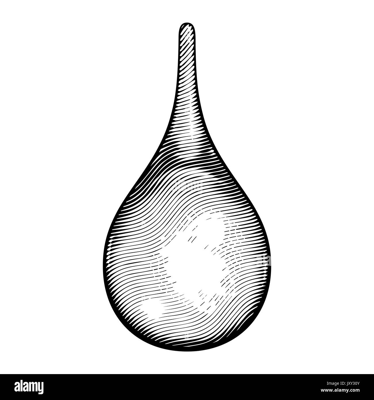 Vettore di caduta di incisione. Un vintage goccia di liquido dipinte di inchiostro tramite le linee ondulate. Vecchio stile di incisione o incisione. Disegno nero, sfondo bianco. Illustrazione Vettoriale
