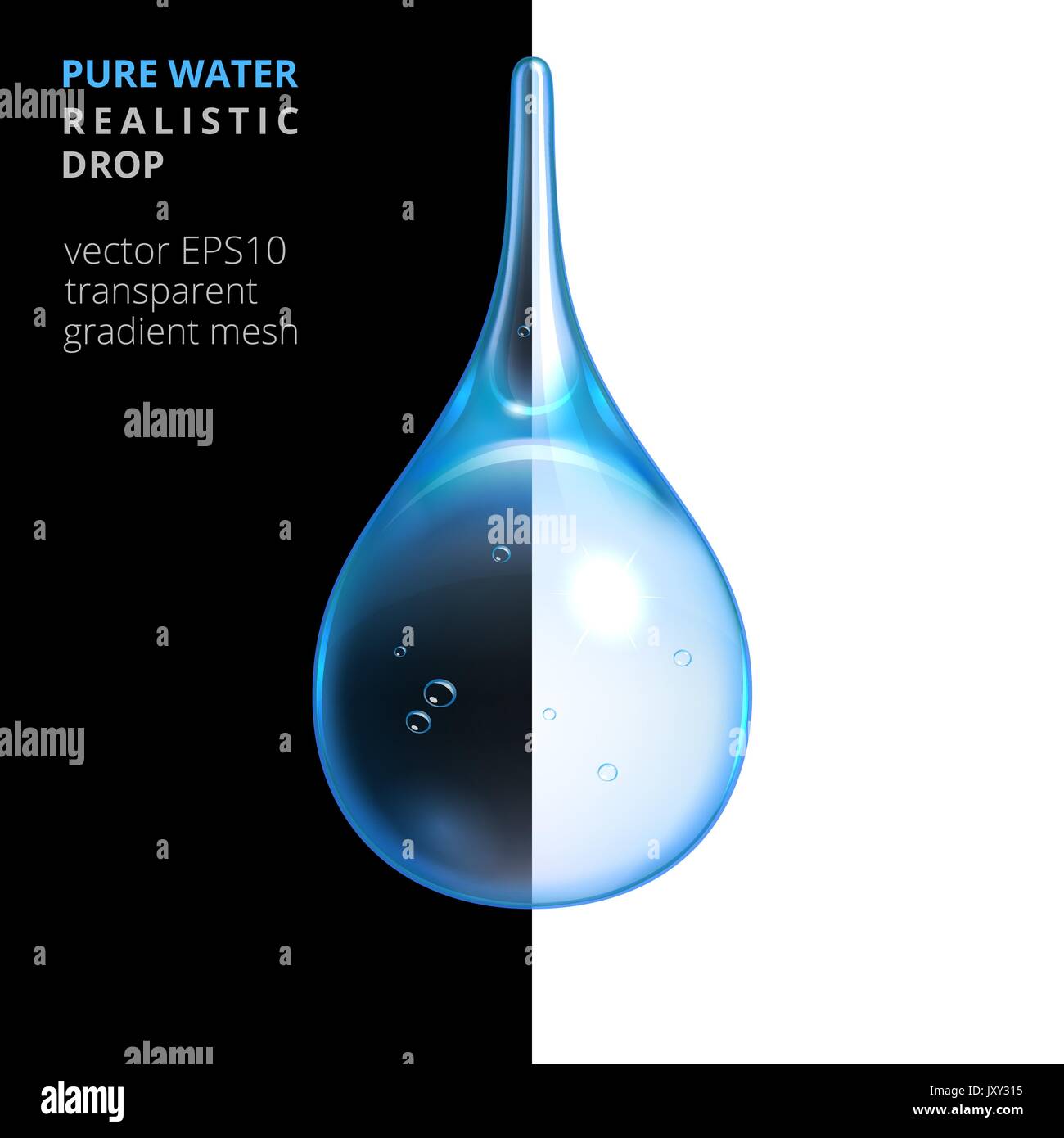Pulire trasparente goccia d'acqua. Vettore 3d realistica di goccioline di acqua pellucida. Naturale di gocciolamento dettagliata, oscurata da freddo blu. Nero e sfondo bianco. Illustrazione Vettoriale