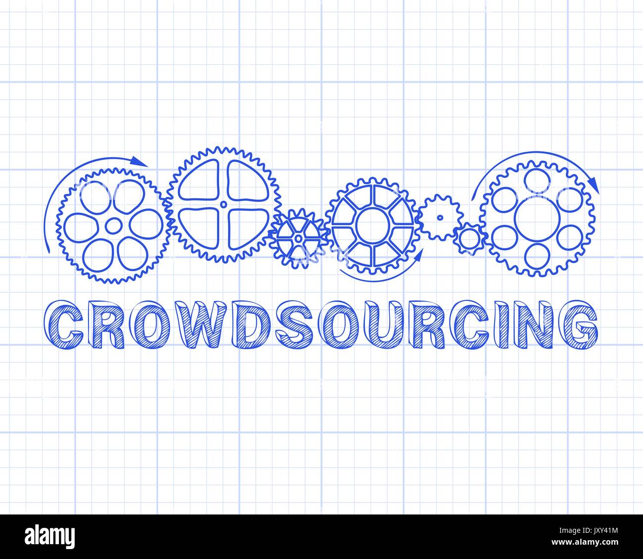 Crowdsourcing testo con ruote dentate disegnata a mano su un foglio di carta millimetrata sullo sfondo Illustrazione Vettoriale