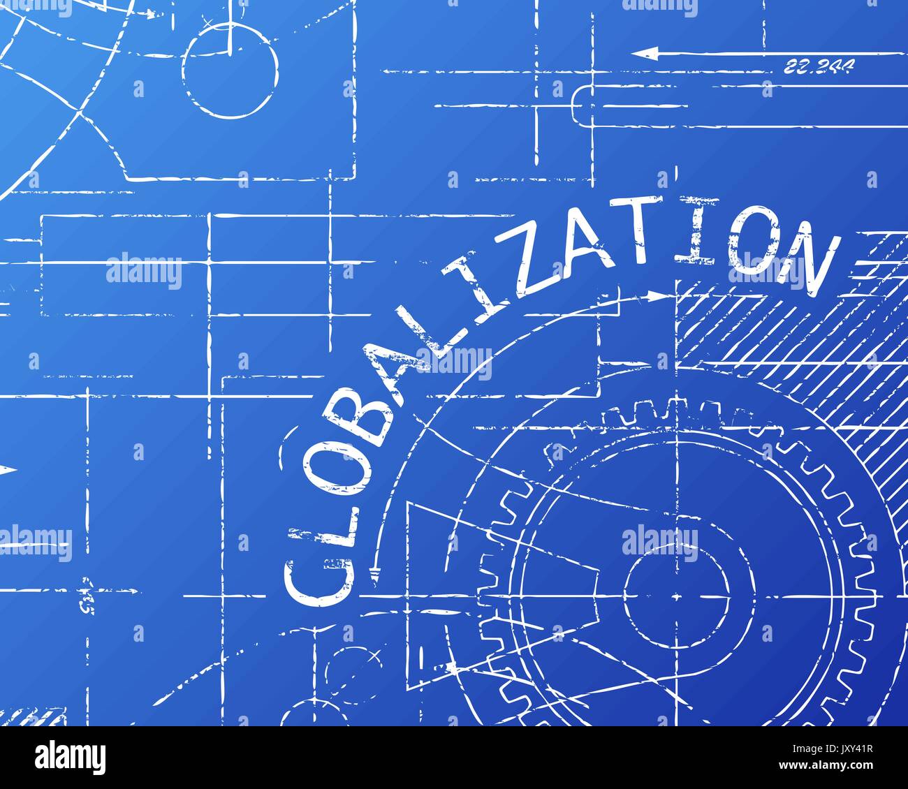 Parola globalizzazione sulla macchina blueprint illustrazione dello sfondo Illustrazione Vettoriale