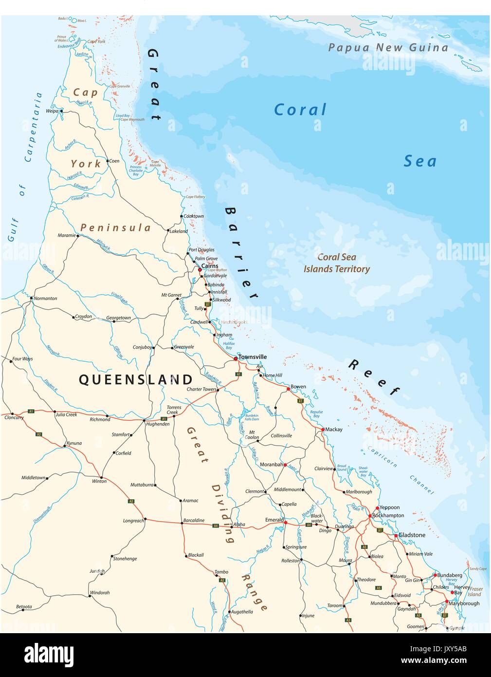 Road map del cappuccio york penisola con la grande barriera corallina, Queensland, Australia Illustrazione Vettoriale