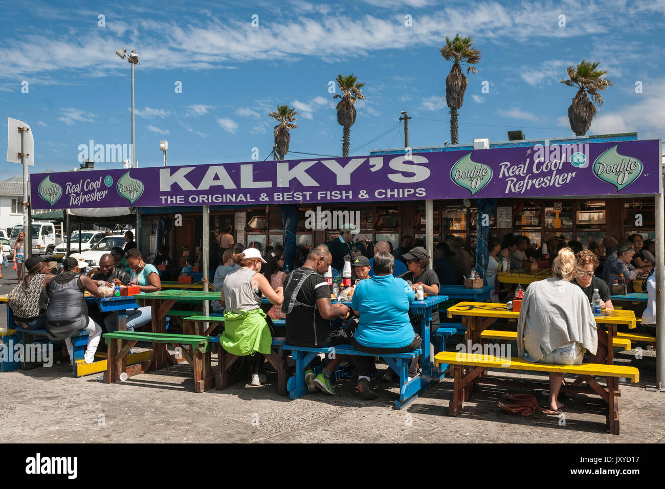 Kalky's Fish & Chip nel ristorante harbor Kalk Bay, Città del Capo, Sud Africa. Foto Stock