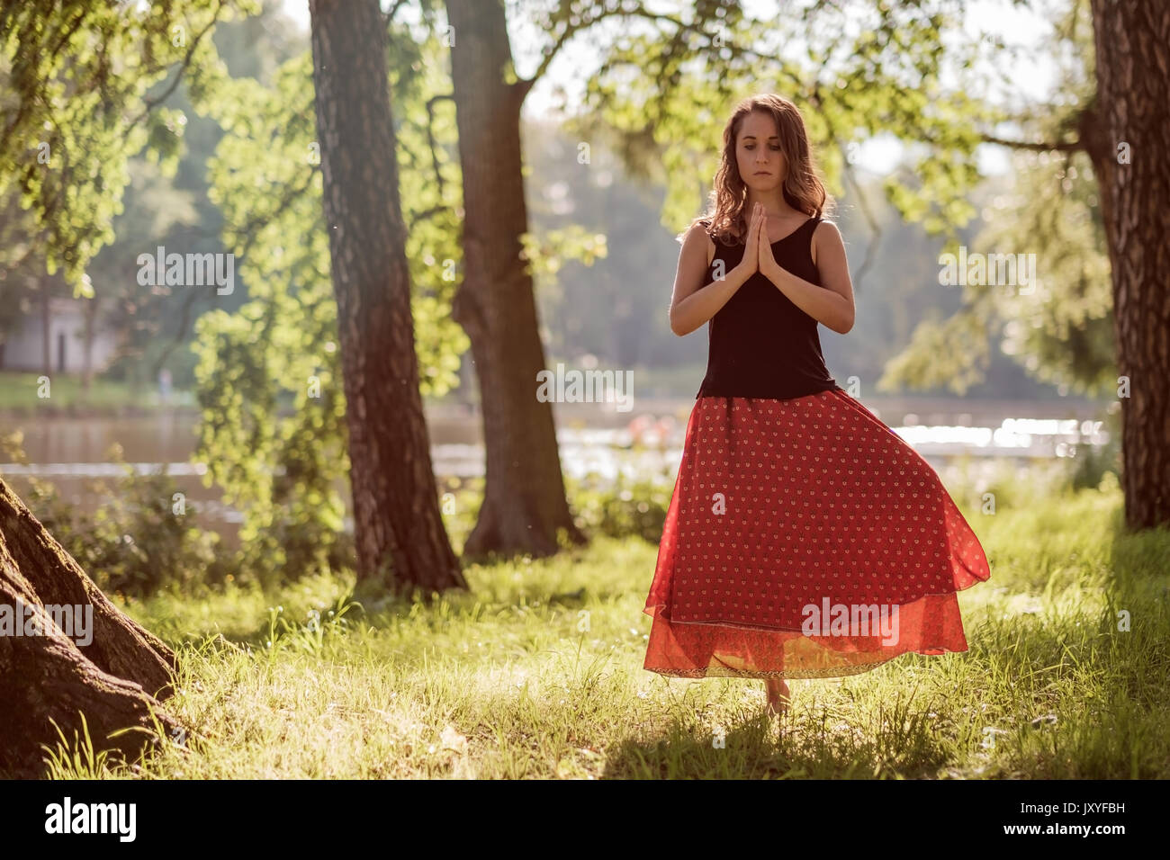 Attraente giovane femmina è la pratica dello yoga e facendo asana Vrikshasana al mattino. Foto Stock