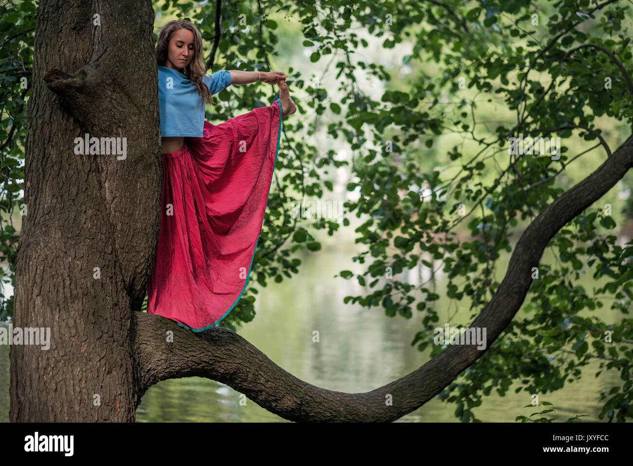 Caucasian woman standing in equilibrio yoga Utthita Hasta Padangusthasana pongono. Ella tenere trank di albero Foto Stock