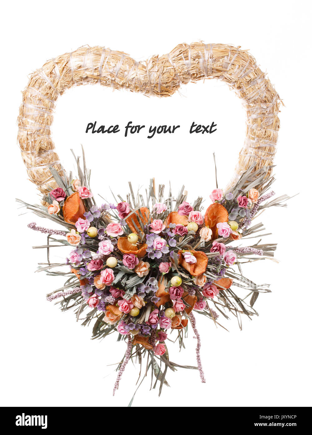 Ghirlanda decorativa della porta con fiori isolati su bianco, posto per il testo Foto Stock