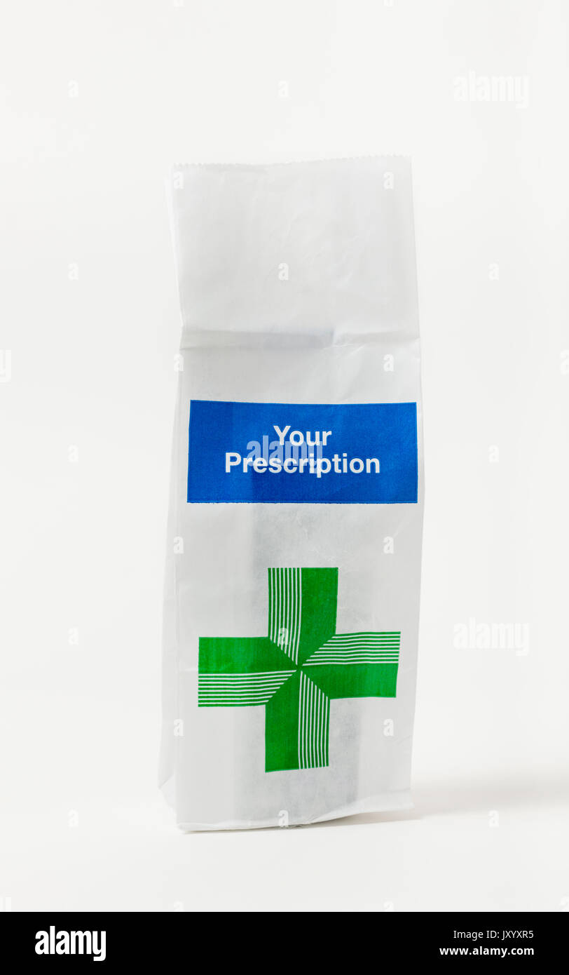 NHS prescription borsa su sfondo bianco Foto Stock
