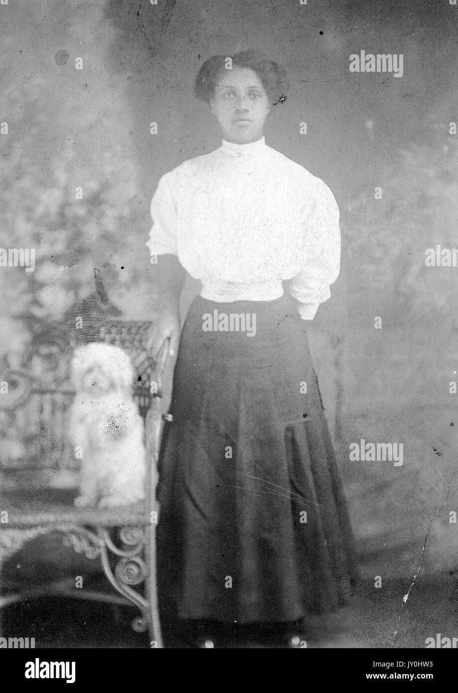 Ritratto a lunghezza intera di giovane donna afroamericana, indossando blusa chiara e gonna scura, in piedi accanto alla sedia con cane bianco, espressione neutra, 1915. Foto Stock