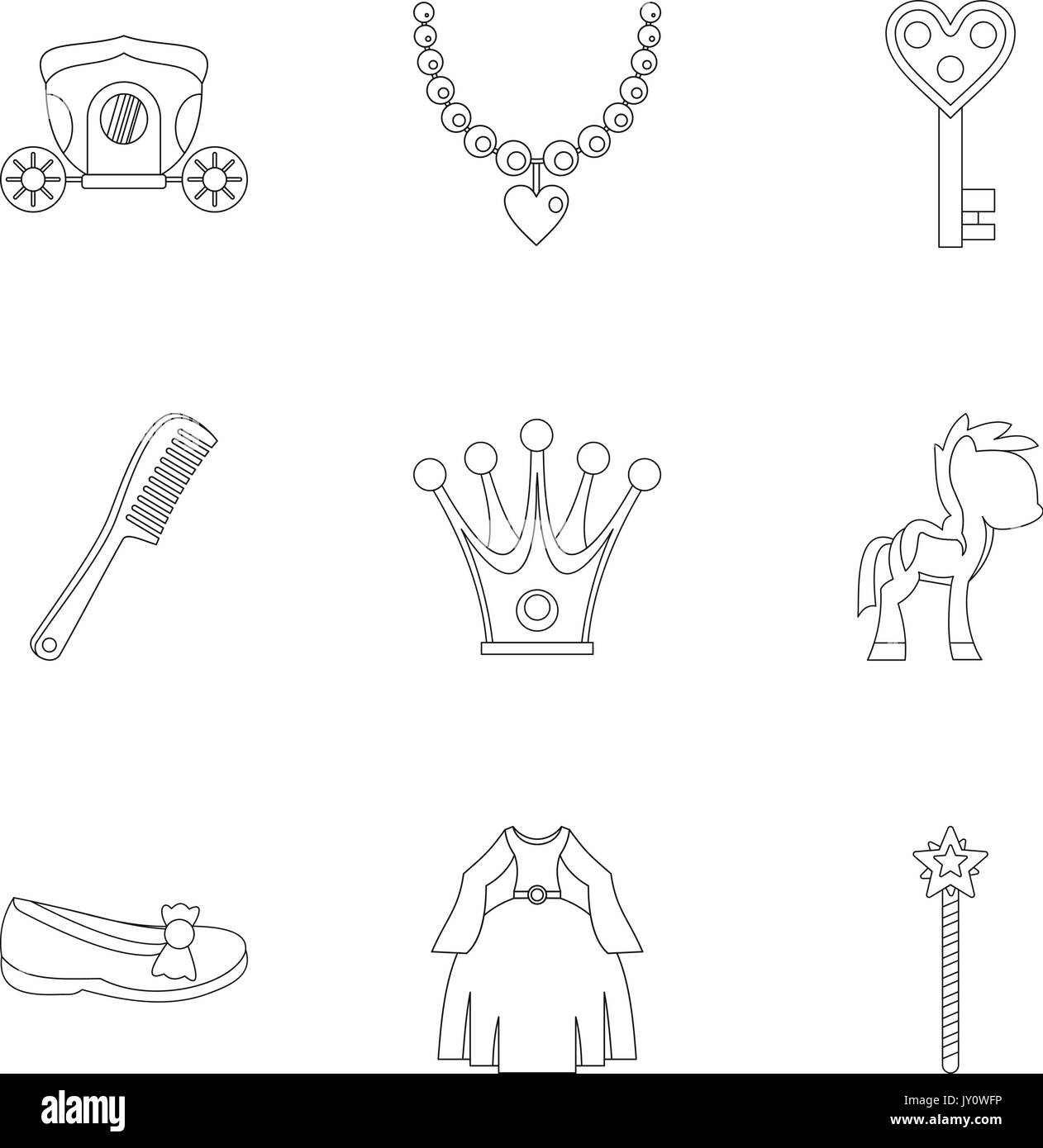 Princess fairy tail il set di icone di stile di contorno Illustrazione Vettoriale