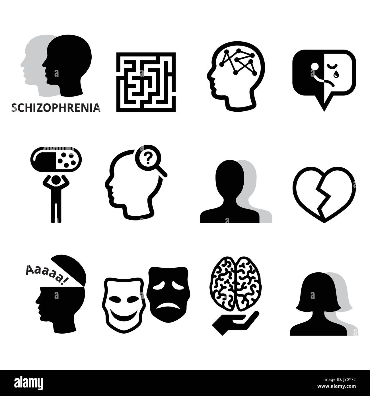 Schizofrenia, salute mentale, psicologia vettore set di icone Illustrazione Vettoriale