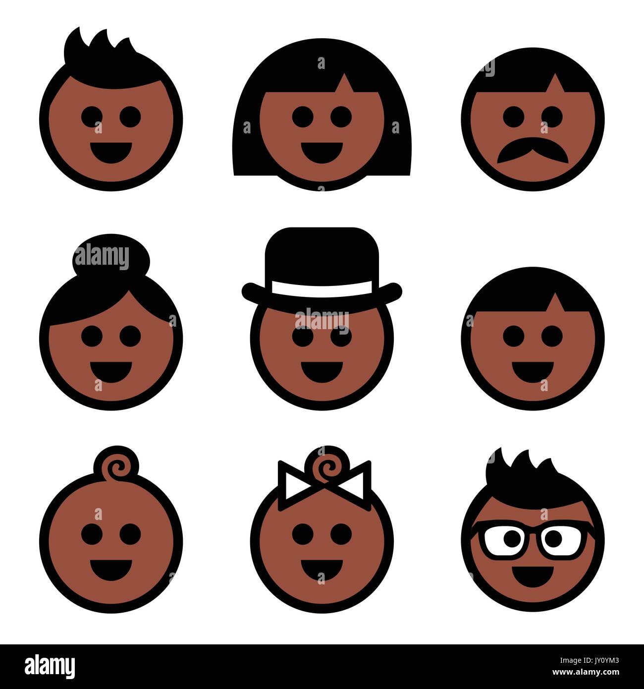 Umano, marrone scuro colore di pelle set di icone vettoriali set di icone di volti di persone - carnagione scura Illustrazione Vettoriale