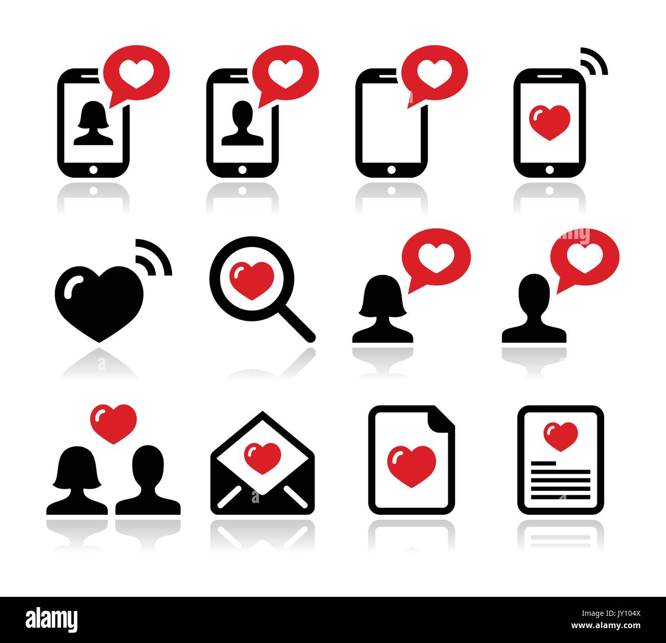 Amore, il giorno di San Valentino set di icone vettoriali set di icone isolato su bianco - Lettera d'Amore, coppie in amore, l'amore per i messaggi di testo Illustrazione Vettoriale