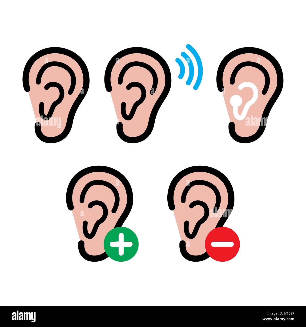 Orecchio apparecchi acustici, la persona non udente - problema di salute set di icone di problema di udito icone - Suono, impianto, orecchie sorde Illustrazione Vettoriale