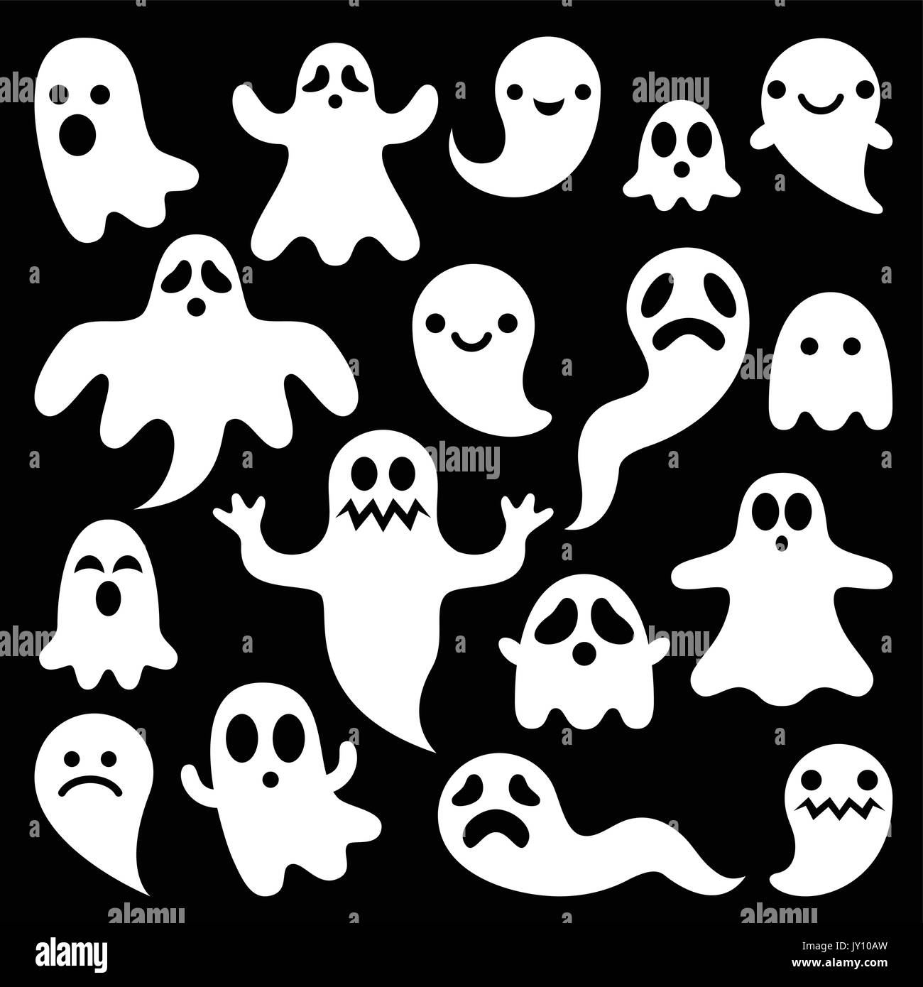 Scary fantasmi design, Halloween caratteri set di icone vettoriali set di icone per Halloween - cartoon ghost personaggi isolati su nero Illustrazione Vettoriale