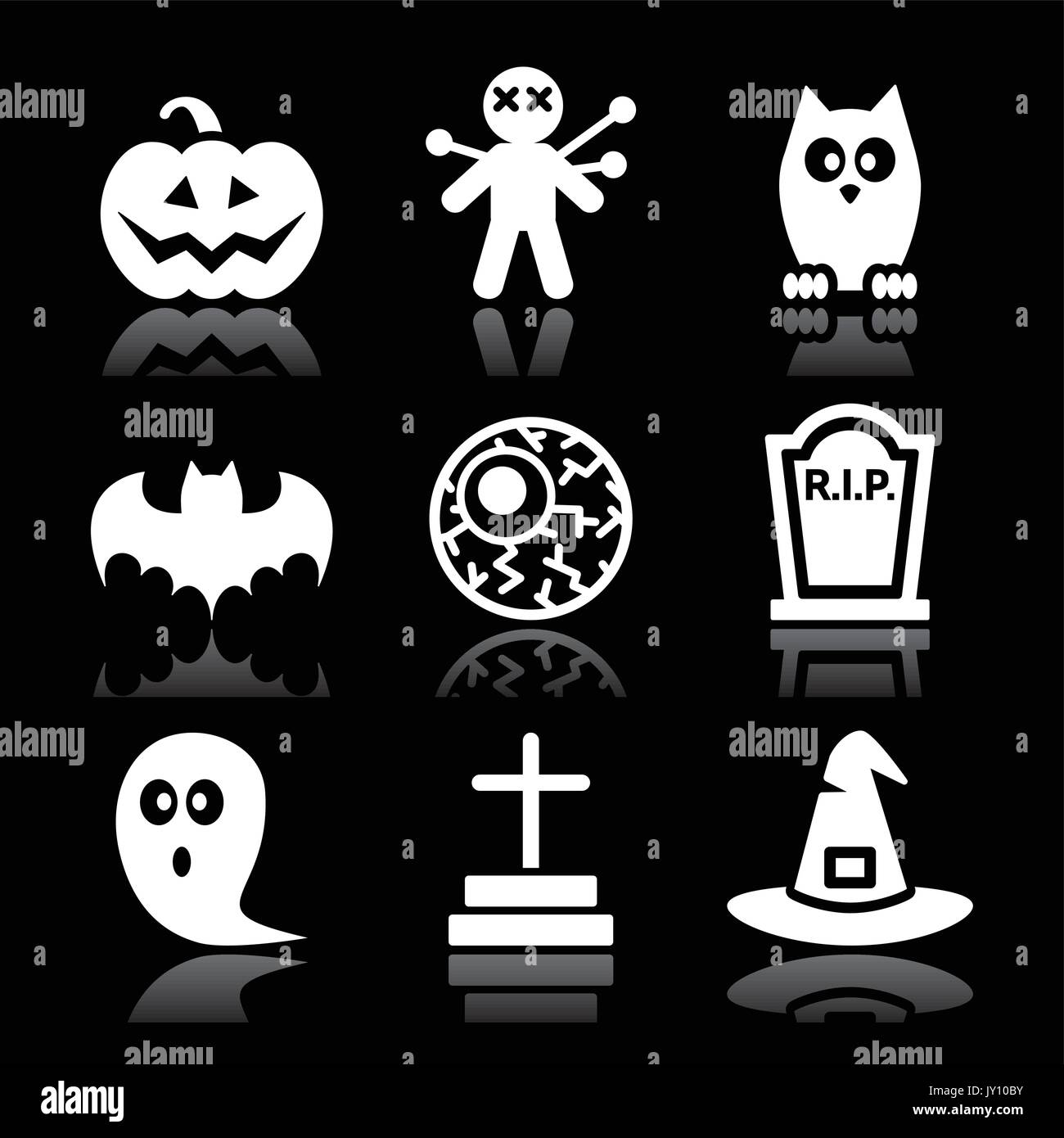 Halloween nero set di icone - zucca, strega, ghost su nero Scary bianco set di icone per la festa di Halloween isolati su sfondo nero Illustrazione Vettoriale