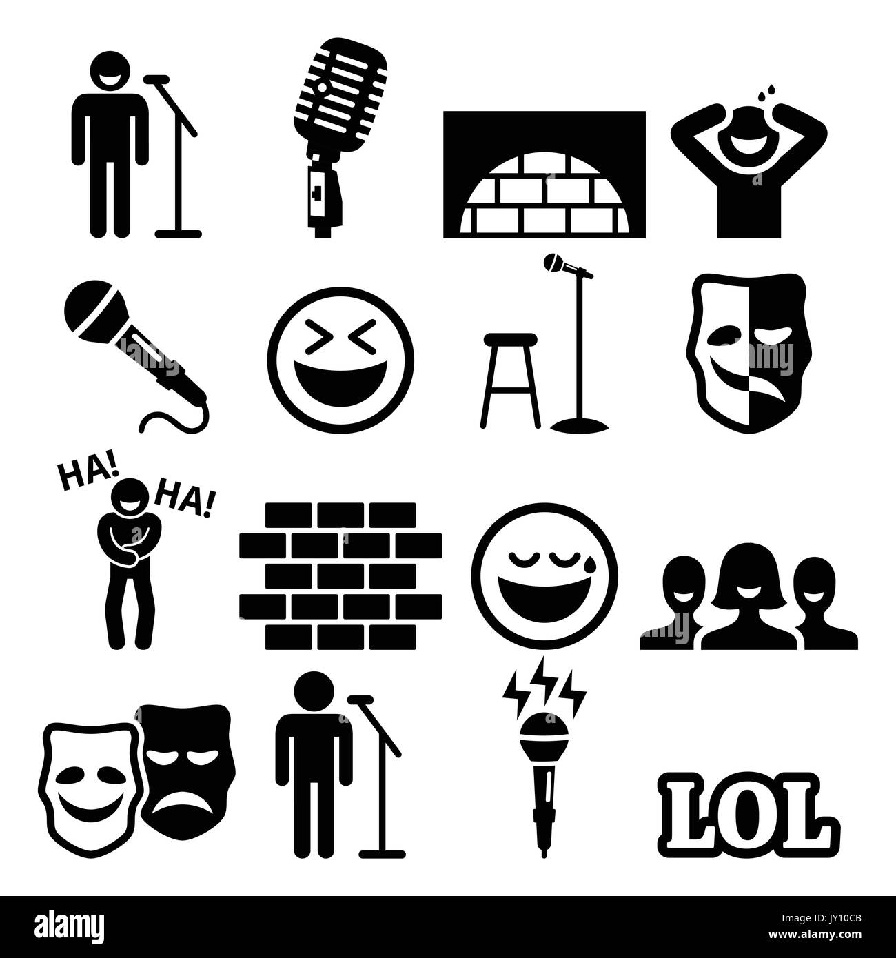 Stand up comedy, intrattenimento, persone ridere set di icone vettoriali set di icone di - commedia, performer sul palco isolato su bianco Illustrazione Vettoriale
