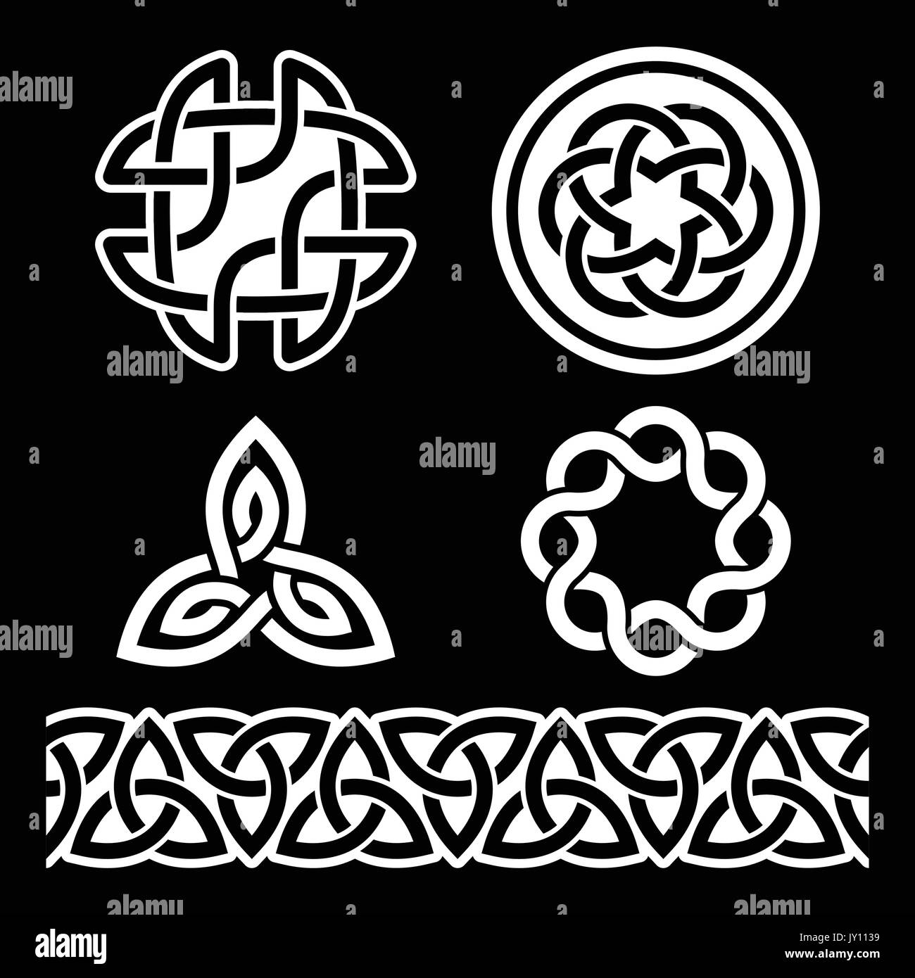 Celtic nodi irlandese, trecce e modelli in bianco su sfondo nero set di vettore di tradizionali simboli celtici, nodi - monochorme Illustrazione Vettoriale