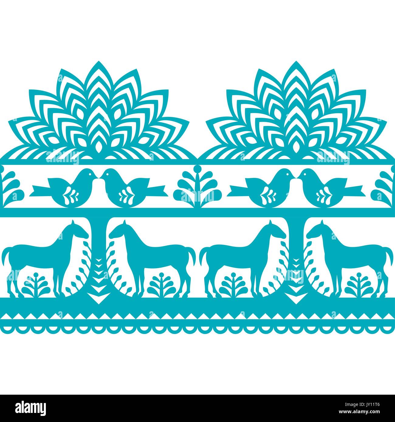 Seamless polacco di arte popolare Wycinanki pattern Kurpiowskie - Kurpie vettore Papercuts repetitve design con cavalli, uccelli, alberi e fiori - folk desig Illustrazione Vettoriale