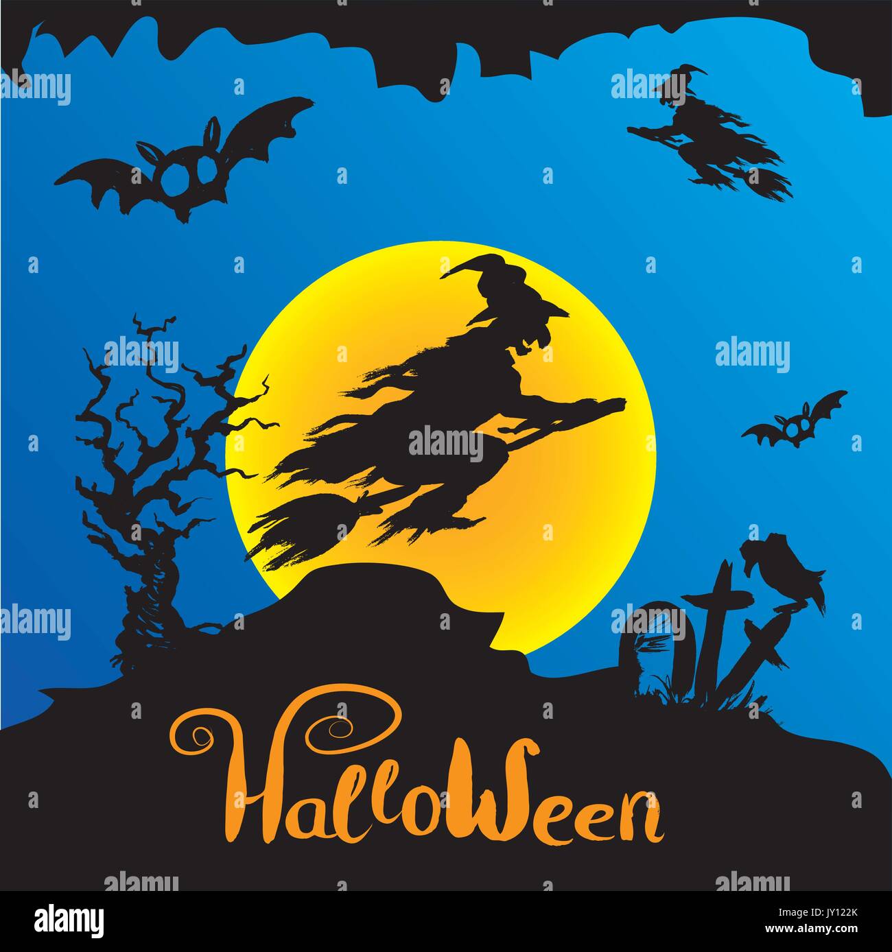 Halloween strega volare sulla scopa, Scary Halloween sfondo. Disegnata a mano vector Illustrazione Vettoriale