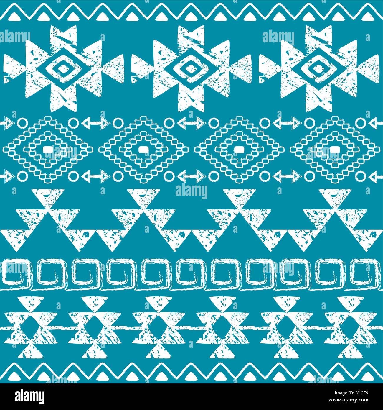 Seamless Navajo disegnati a mano, stampa retrò pattern azteca, Tribal Design con graffi vettore folk bianco seamless ornamento azteca, arte tribale su turqu Illustrazione Vettoriale