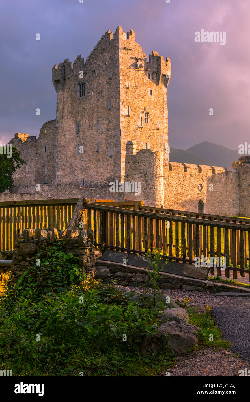 Castello di Ross è una quattrocentesca torre casa e tenere sul bordo del Lough Leane, nel Parco Nazionale di Killarney, nella contea di Kerry, Irlanda. Foto Stock