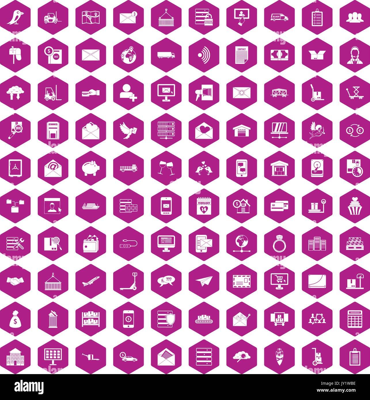 100 Servizio postale icone viola a testa esagonale Illustrazione Vettoriale