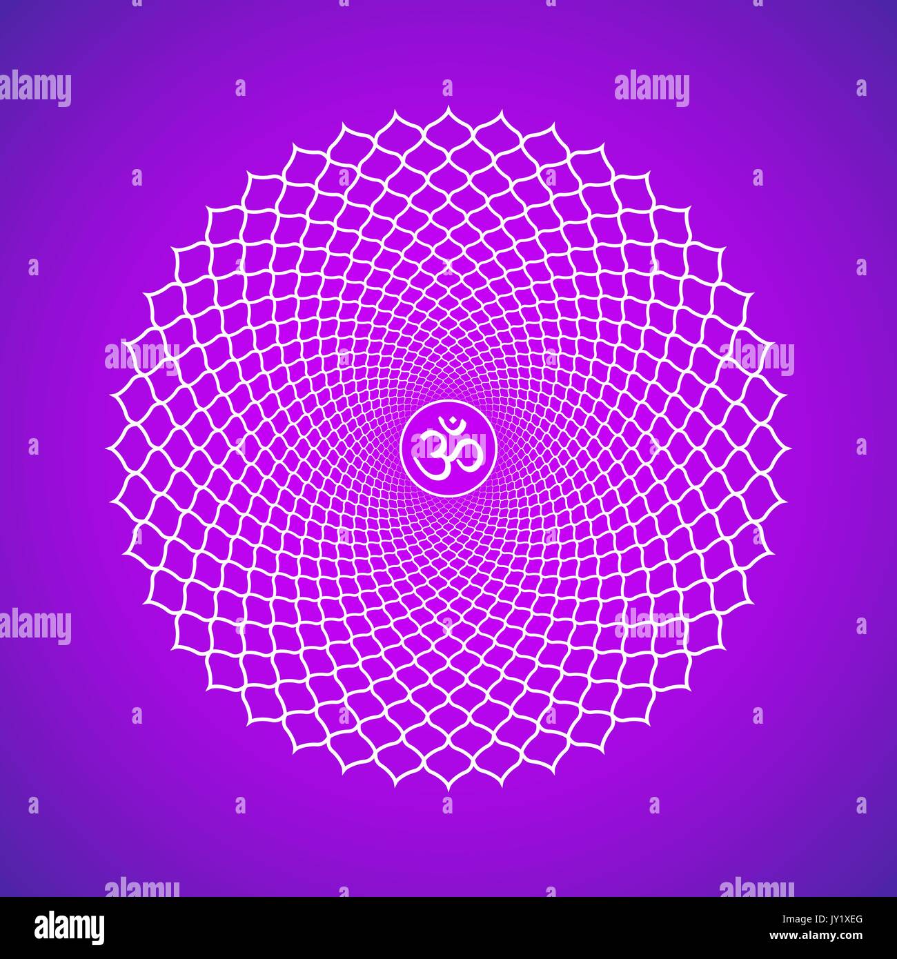 Vector settima corona Sahasrara mille petali lotus chakra con l induismo sementi sanscrito mantra Om. Delineare il contorno bianco simbolo monocromatica con è Illustrazione Vettoriale