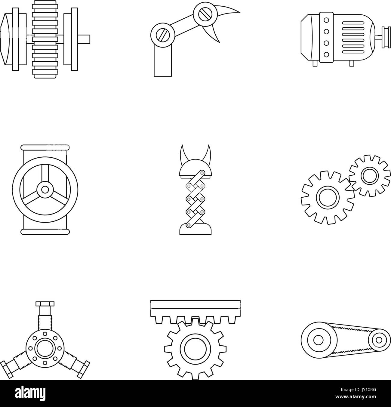 Parti del meccanismo di set di icone di stile di contorno Illustrazione Vettoriale